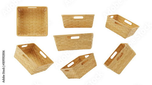 Obraz na plátně collection of woven bamboo baskets of various sizes and orientations, showcasing natural texture and simple handle designs against a clean white background