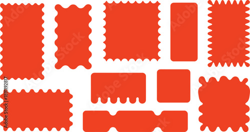 A varied set of bright orange rectangular shapes with decorative wavy edges on a plain white surface