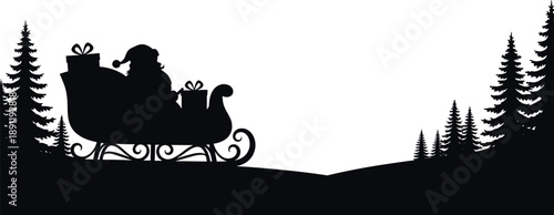 Santa Claus in sleigh with presents and Christmas trees santa claus, sleigh, presents, christmas trees, silhouette, black and white, holiday, winter, gifts, festive, seasonal, decorations, trees, fir 