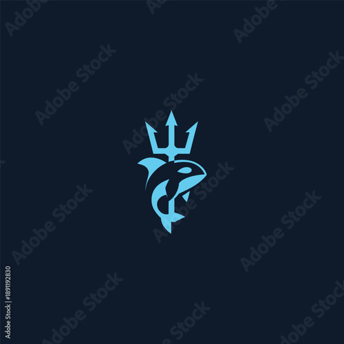 Orca trident logo in powerful and dynamic minimalist illustration style.