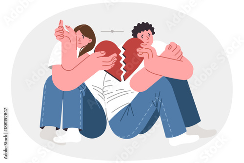 Quarreling couple of man and woman breaking hearts, concept end love due to betrayal in married life