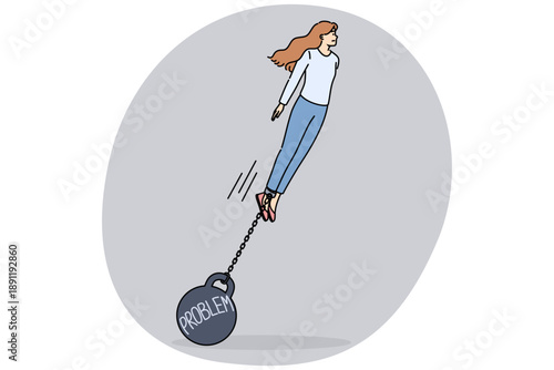 Burden problems is attached to woman who wants to succeed and takes off demonstrating ambition and motivation. Concept problems from past that put pressure on person and prevent from achieving goals