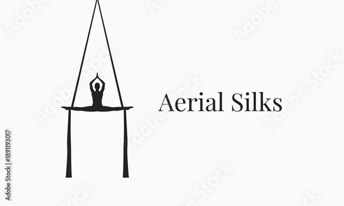 Aerial silks minimal banner design. Silhouette of girl split on aerial silks simple flat style illustration