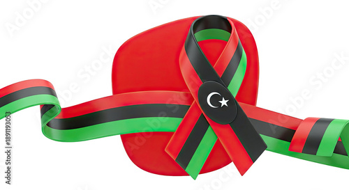 Libyan Flag Ribbon with Crescent and Star on Red Background