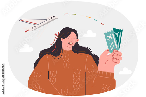 Woman holds plane tickets, offering to fly together on vacation or go on summer trip around world