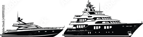 Collection of Luxury Yacht Silhouette Vector Illustration Set, Modern Private Superyacht and Motorboat for Marine Travel Nautical Adventure and Wealthy Lifestyle Design Template