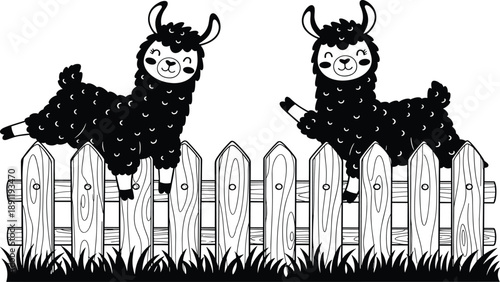 Cute llamas, alpaca cartoon, farm animals, wooden fence, hand drawn line art, black and white, vector illustration, rural, funny, kids, designCute llamas, alpaca cartoon, farm animals, wooden fence