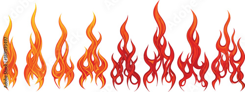 Collection of Seven Stylized Orange and Red Fire Flame Vector Illustration Set, Isolated Heat Burn and Spark Icons for Energy Power and Danger Design