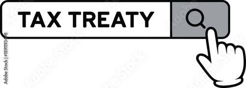 An online search bar displays TAX TREATY with a hand cursor clicking the magnifying glass icon