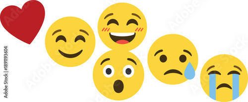 Collection of Yellow Emoji Face Icon Set, Various Facial Expressions Including Happy Laughing Crying Sad and Surprised with Red Heart for Social Media