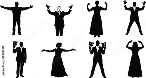 Collection of Theater Performer Silhouette Vector Illustration Set, Actors Holding Drama Masks for Stage Performance Entertainment Show and Arts Graphic Design Template