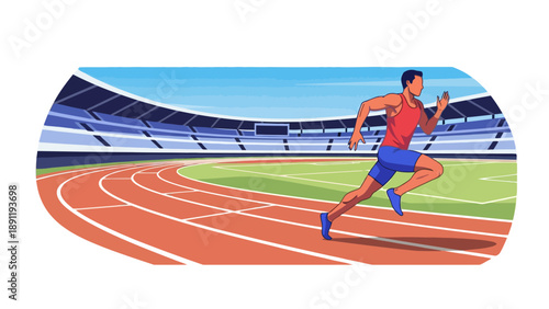 Runner on track before stadium seating and clear sky