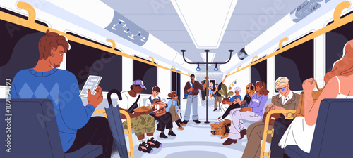Passengers are inside metro carriage. People ride in coach of subway. Men and women standing in aisle, holding and sitting on seats in wagon of underground public transport. Flat vector illustration
