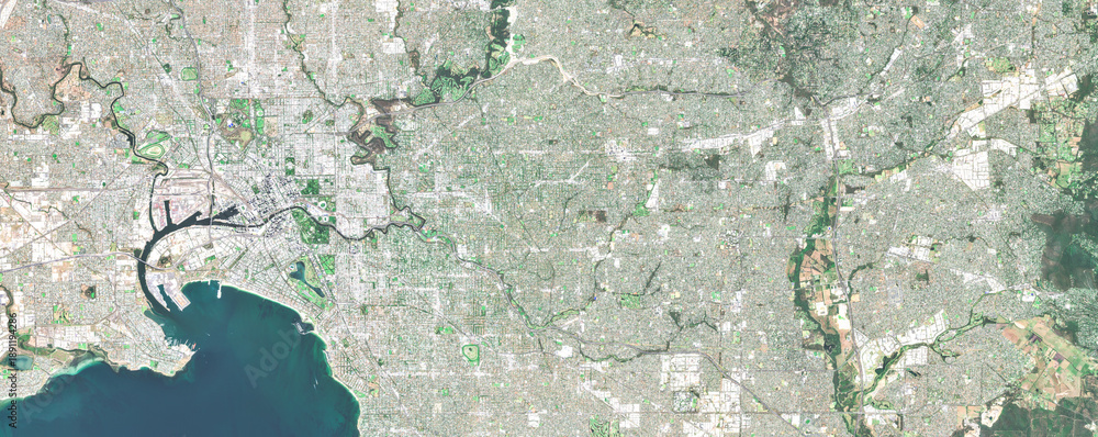 Naklejka premium Satellite View of Melbourne and Urban Infrastructure, Australia