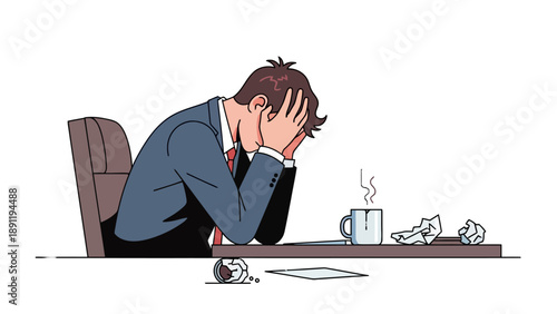 Stressed businessman with head in hands at desk
