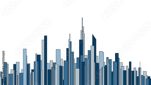 Stylized cityscape with varying shades of blue buildings against a white background