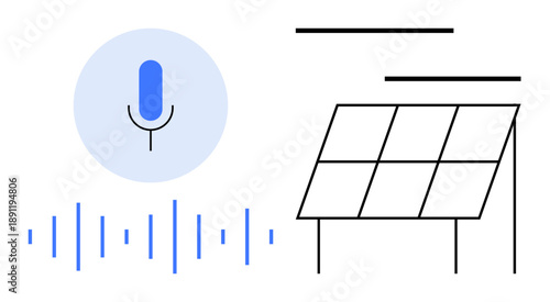 Blue microphone icon with soundwave representing voice recognition alongside a minimalist solar panel outline. Ideal for AI, clean energy, speech, technology, innovation concepts, future