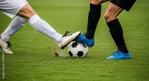 Intense moment during a soccer game as two players' cleats clash over the ball on a lush green field.