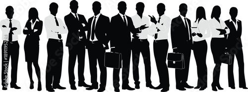 Black silhouettes of business people standing in a line business, people, silhouettes, black, white, background, standing, group, men, women, suits, briefcases, office, corporate, team, professionals,