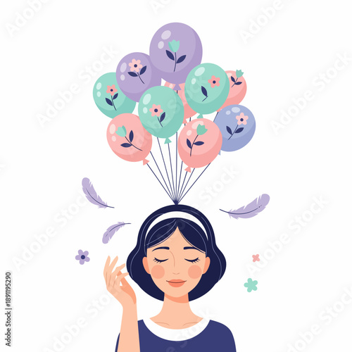 Woman with Eyes Closed Holding Colorful Balloons with Floral Patterns