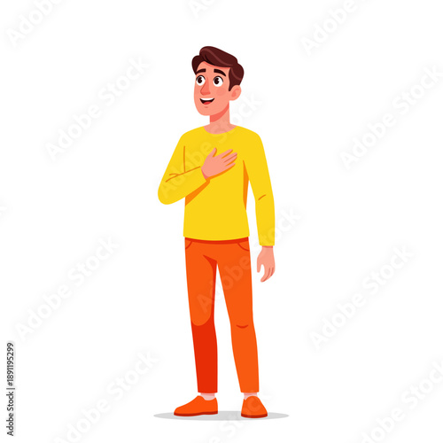 Smiling cartoon man standing with hand on chest