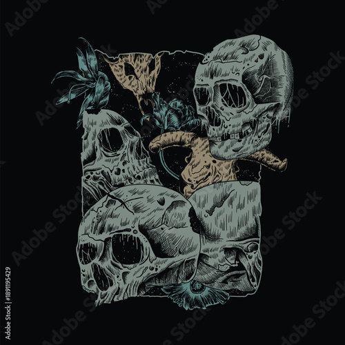 dark art pile of skulls and flowers death metal illustration