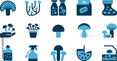 Fifteen simple blue and white icons depict various mushrooms and related cultivation products