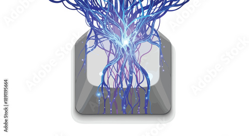 Abstract visualization of AI integration with glowing blue and purple energy streams emerging from a computer key, representing digital transformation and innovation