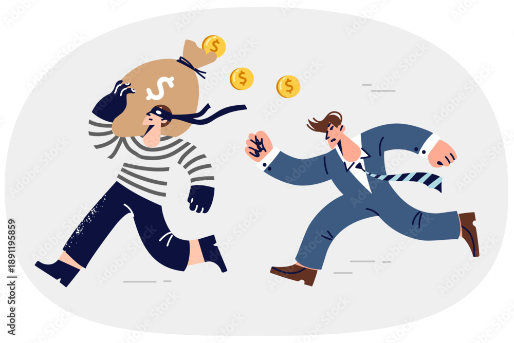 Fototapeta premium Man bank security guard runs after thief, stolen bag of money and coins from vault