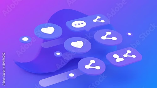 Digital illustration of social media icons with hearts and connections on a purple and blue gradient background with a shallow depth of field.
