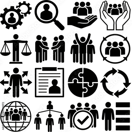 Corporate Collaboration Icons: A collection of various icons depicting the intricate aspects of human resources, teamwork, and business operations, offering a versatile visual toolkit.