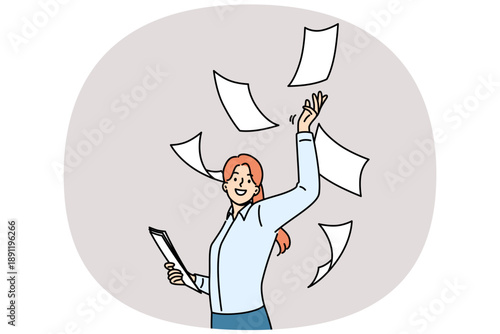 Woman office clerk throws documents up, rejoicing at introduction of digitalization and reduction of paperwork. Businesswoman celebrates being able to stop paperwork after hiring assistant