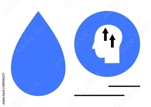 Mental growth concept. Abstract illustration water droplet and head with upward arrows wellness, mindfulness, and self-improvement. For mental health, personal development, growth strategies