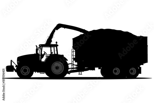 Striking vector silhouette illustration showcasing a modern agricultural tractor efficiently loading harvested crops into a large farm trailer, symbolizing productivity in essential farm operations