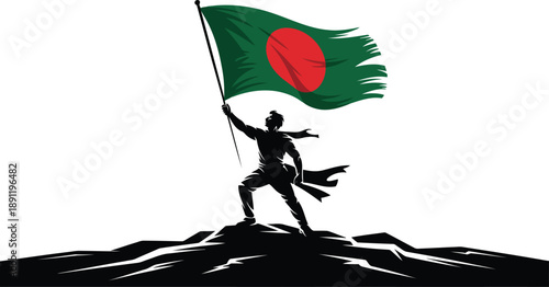 Silhouette of a triumphant person proudly raising the green and red Bangladesh flag on a mountain peak