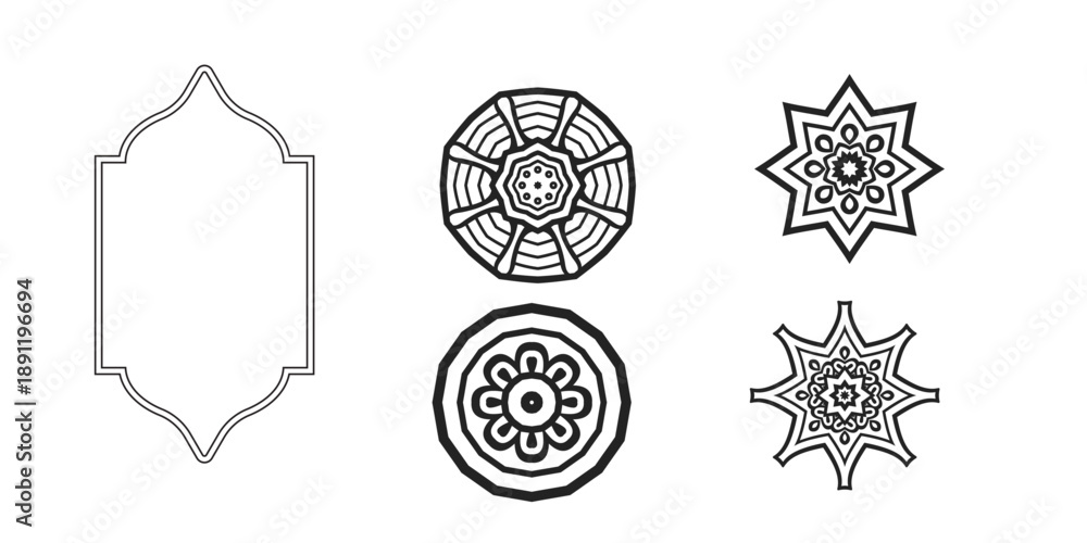 Fototapeta premium Set of geometric ornamental vector elements with intricate symmetrical line art design.