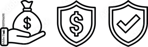 Simple line icons illustrating financial security, money protection, and successful transaction confirmation
