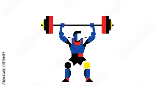 Stylized weightlifter in blue red black and yellow attire