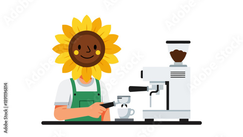 Sunflowerheaded person makes coffee with an espresso machine