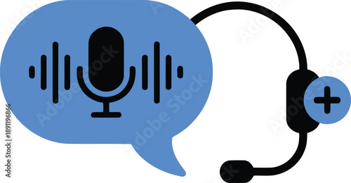 Stylized icon of a communication headset next to a blue speech bubble with a microphone