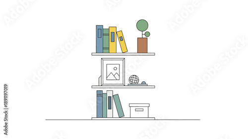 Threetiered shelf displaying books a plant a framed picture and a box