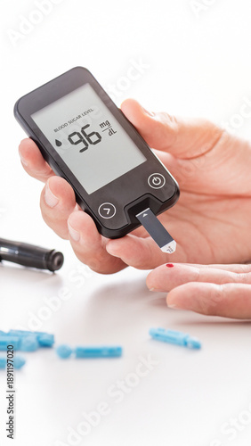Healthy Blood Sugar Test Result on Digital Glucose Meter. 