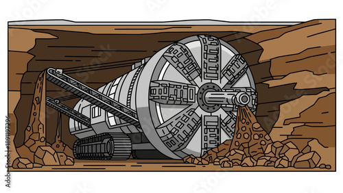 Tunnel boring machine excavating earth with conveyors