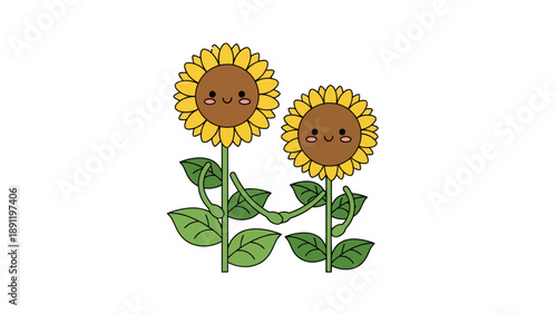 Two cartoon sunflowers with smiling faces and leaves