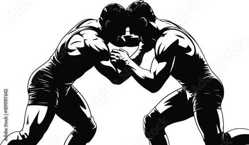 Two determined wrestlers are locked in a low stance grapple displaying strength and strategic moves