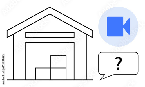 Storage systems, logistics, virtual communication, inventory management, online services, video consultation. Outline of a warehouse with a video icon and a speech bubble a question mark. Logistics
