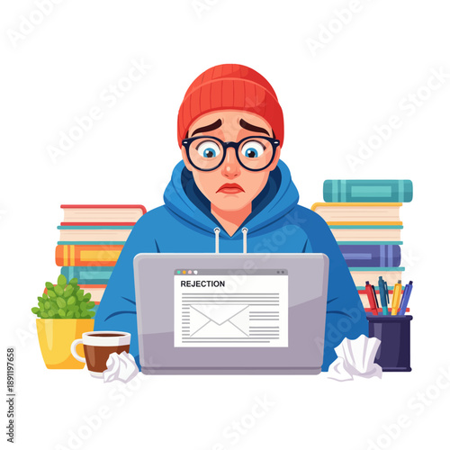 Young man feeling stressed and disappointed while reading rejection email on laptop at home