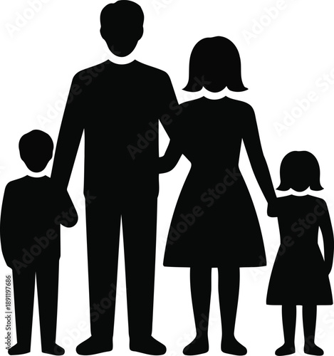 Traditional family silhouette standing together with a mother, father, and two small children