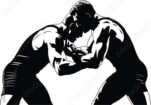 Two male wrestlers locked in a close quarters grapple, showcasing powerful holds and strategic combat