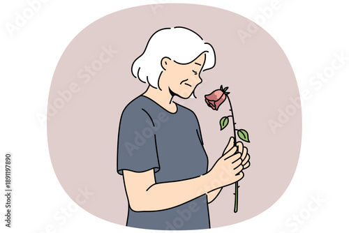 Elderly woman feels fading and weakening health or approach of death, holds withered rose. Widow experiences apathy due to age fading, for concept of aging and importance moral support for retirees